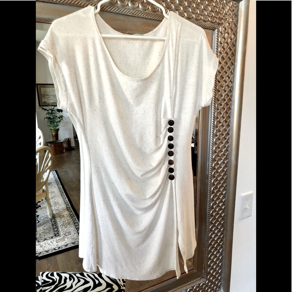 Bamboo Beige midriff draped asymmetric tunic Coconut shell buttons sz M